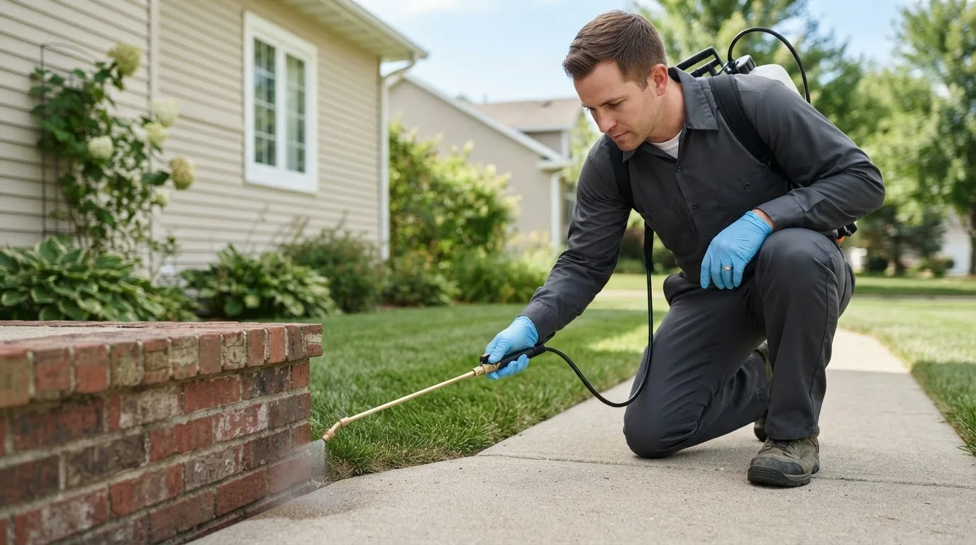 Pest control technician treating a home near Creston, IL