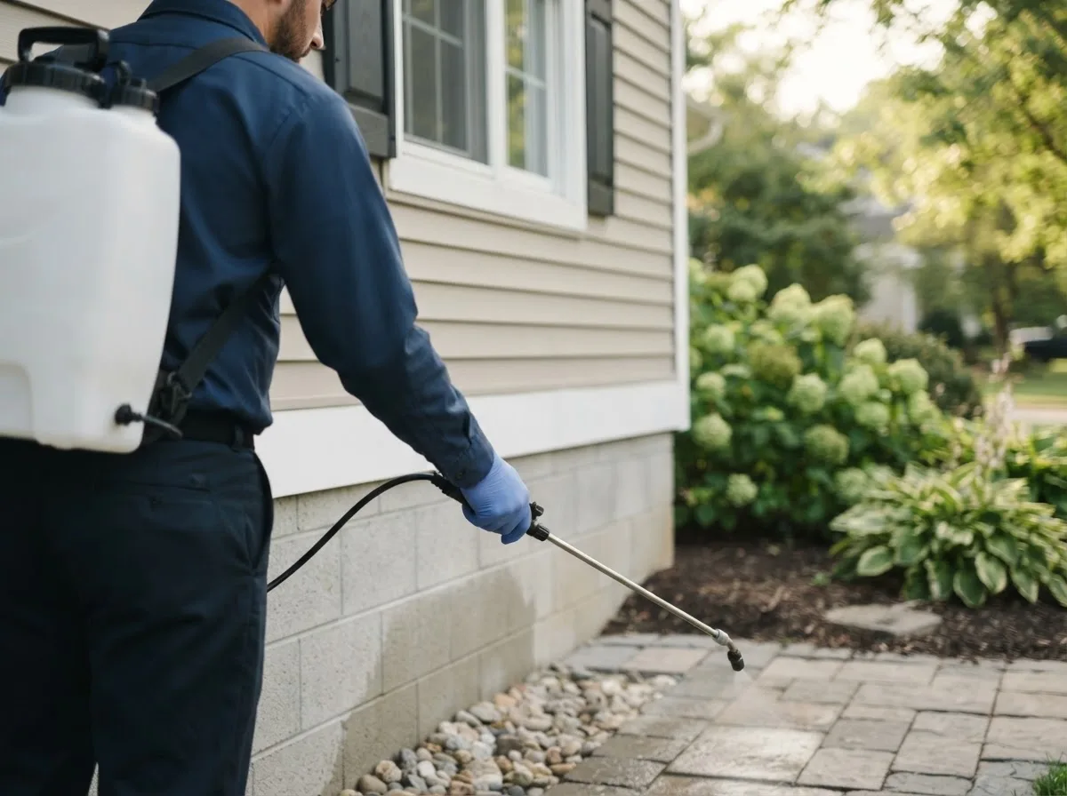 Pest control technician inspecting a home in Creston, IL